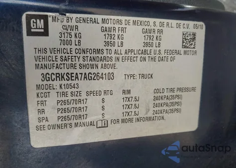 2010 Chevrolet Silverado 1500 Lt z USA, uszkodzony, nr VIN 3GCRKSEA7AG264103